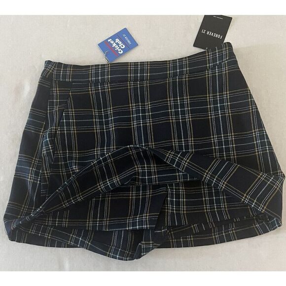 Forever 21 Sz. S Plaid skort with pockets, side zipper, Navy, Green & Gold - Picture 4 of 6